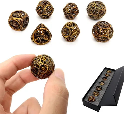 Miniatura 8 de Dados DND, dados de metal huecos D&D, juego de dados de mazmorras y dragones con caja de regalo, 7 piezas de juegos de dados poliédricos steampunk