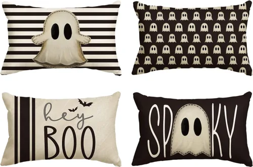 Miniatura 12 de AVOIN colorlife Juego de 4 fundas de almohada de Halloween Hey Boo con diseño de fantasma, 16 x 16 pulgadas, para sofá