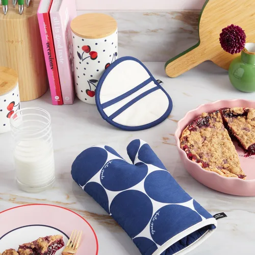 Miniatura 3 de Kate Spade New York Joy Dot - Manoplas de horno y agarrador de ollas juego de 2 unidades, 7 x 13 pulgadas, 8 pulgadas, redondo, azul marino/crema