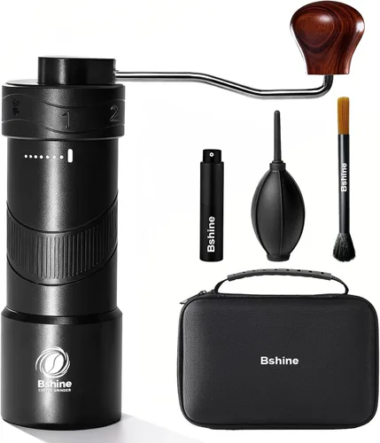 Bshine Molinillo manual de grano de café con estuche de transporte, numérico externo ajustable, molinillo de café de manivela cónica mini molino