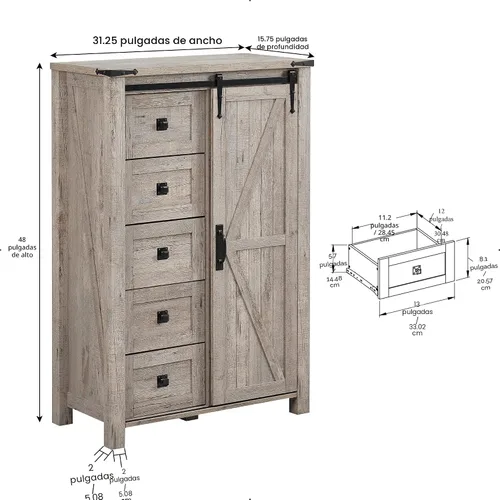 Miniatura 2 de T4TREAM Cómoda de 5 cajones para dormitorio con puerta de granero deslizante, cómoda moderna alta de estilo granja, 5 cajones, organizador de Roble