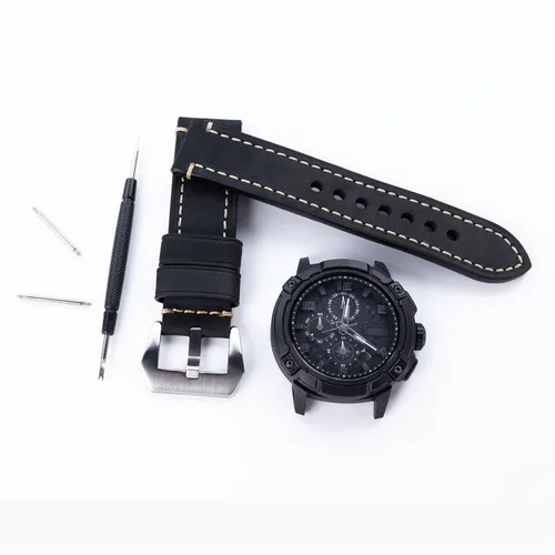 Miniatura 6 de Correa de reloj de pulsera de cuero genuino negro de 0.945 in para hombres con hebilla de acero inoxidable