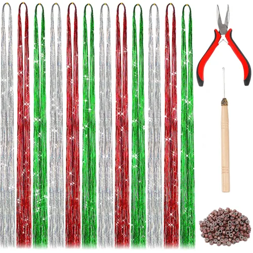 Miniatura 9 de FEBSNOW Extensión de cabello de 47 pulgadas con herramienta 2400 mechones, 12 colores mezclados, kit de extensiones de cabello con brillantina