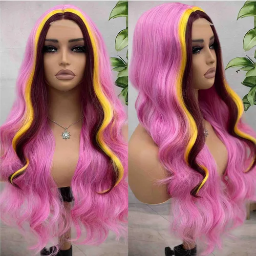 Miniatura 11 de Peluca de cabello sintético ondulado rojo con raya en el medio, peluca de encaje ondulado natural rojo de 24 pulgadas para mujer, para uso diario