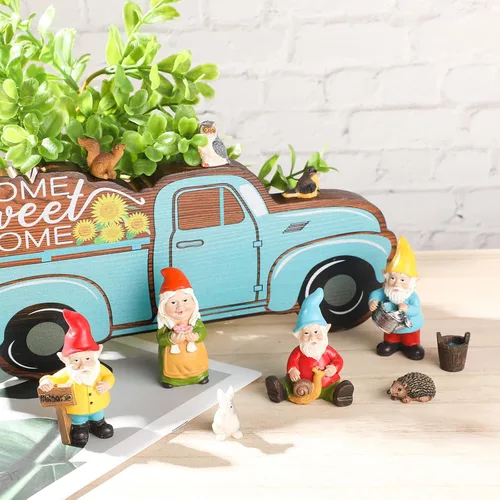 Miniatura 4 de Jetec Juego de 10 piezas de mini gnomos de hada, estatua de jardín, gnomos de resina en miniatura, pintados a mano, ardilla, erizo, búho, pájaro