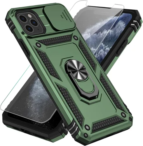 SunStory Funda compatible con iPhone 11 Pro Max con protector de pantalla HD, cubierta de cámara deslizante y soporte de anillo giratorio, [grado
