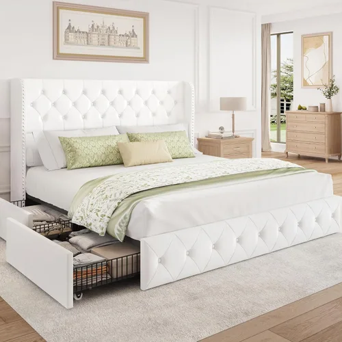 Miniatura 17 de BRELTAM Marco de Cama Tamaño Queen con Cajones de Almacenamiento y Cabecero Wingback Tapizado en Terciopelo Marco de Cama Plataforma Camas Blanco
