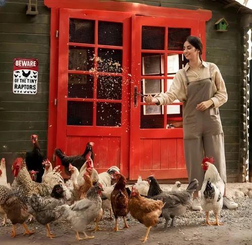 Miniatura 3 de Regalos divertidos para mujeres amantes de los pollos, entusiastas de la granja, cuidado con el pequeño raptor, letrero de metal para pollos, Rojo