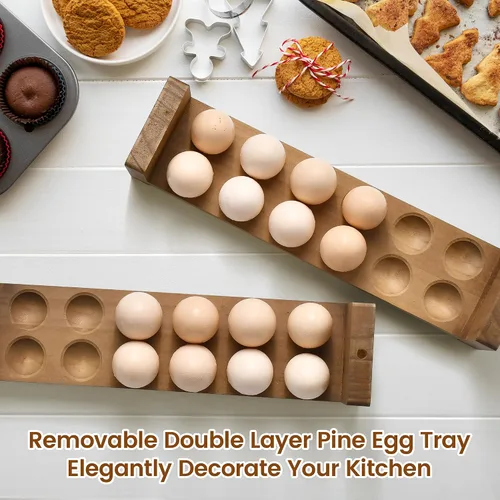 Miniatura 4 de Sishynio Bandeja de huevos de doble capa para encimera, cesta de almacenamiento apilable de madera para huevos, organizador de huevos de 2 niveles