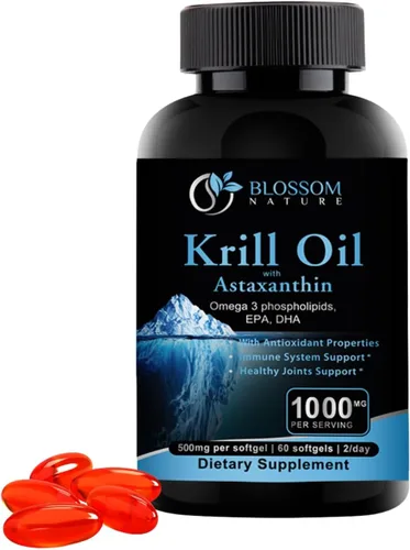 ​Aceite de krill antártico 1000 mg cápsulas blandas con astaxantina - Omega-3 EPA y DHA Suplemento para la salud del corazón, el cerebro y las