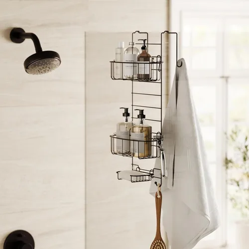 Miniatura 2 de Zenna Home Organizador de Ducha Colgante Sobre la Puerta de la Ducha, Estante de Acero Inoxidable con 2 Repisas y Ganchos Integrados, Estante Bronce