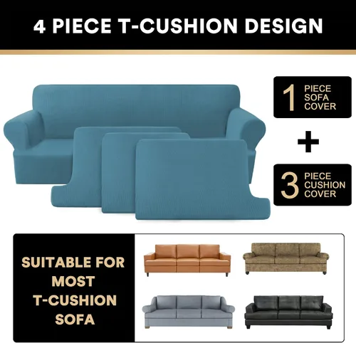 Miniatura 3 de PrinceDeco Funda de Sofá con Cojín en Forma de T de 4 Piezas, Fundas de Sofá para Sillón, Funda de Sillón Suave con 3 Fundas Individuales de Asiento