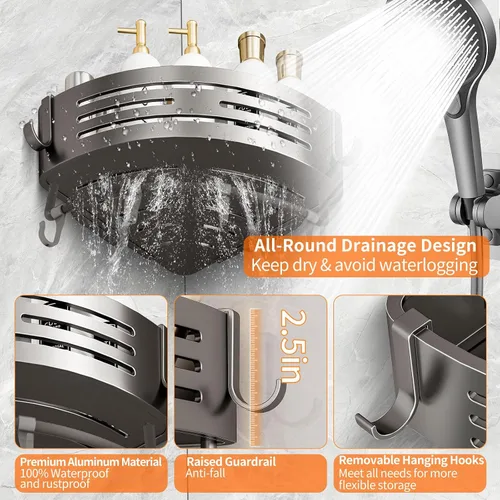 Miniatura 5 de Soporte de ducha con ventosa, estante de ducha extraíble sin perforaciones con barra de toalla y ganchos portátiles, organizador de aluminio a