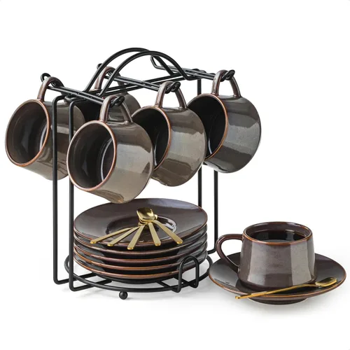 Miniatura 14 de YHOSSEUN Juego de 6 Tazas de Café Espresso de Cerámica, Tazas de Shots de Espresso de 4 Oz con Soporte, Platillos y Cucharas, Tazas Pequeñas de Café