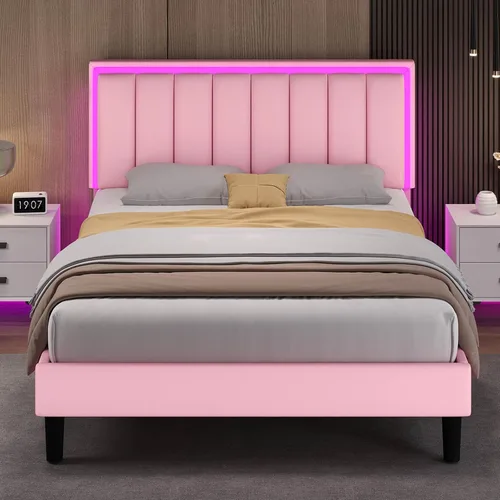 Miniatura 8 de IMMERSTABLE Marco de cama tamaño completo, marco de cama tapizado con luces LED, cama de plataforma con cabecero, soporte de listones de madera