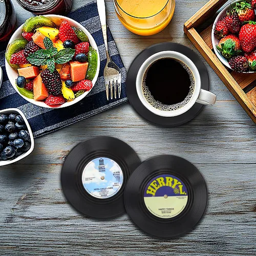 Miniatura 2 de Divertidos posavasos retro de discos para bebidas con soporte para reproductor de vinilo para amantes de la música, juego de 6 posavasos