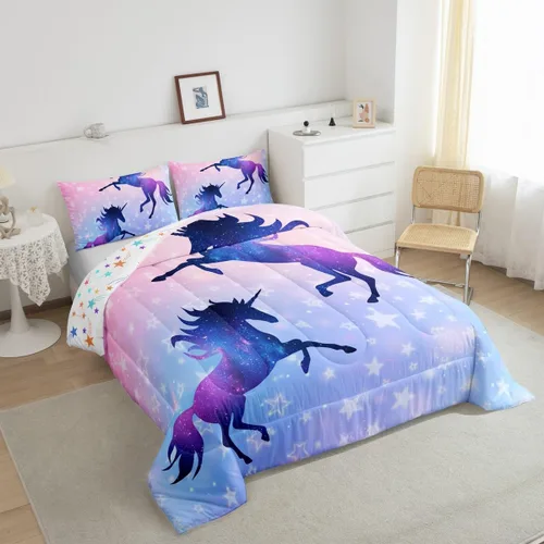 Miniatura 6 de Manfei Juego de edredón con siluetas de unicornio, tamaño King, juego de ropa de cama romántica de cielo estrellado y galaxia, decoración de Navidad