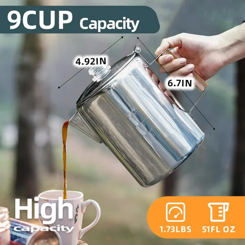 Miniatura 6 de MEREZA Cafetera de camping para estufa, cafetera, percolador, fogata, cafetera de acero inoxidable, cafetera para acampar al aire libre, hogar, 9
