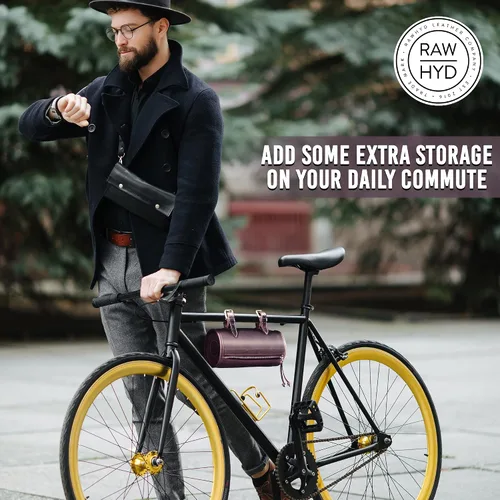Miniatura 4 de RAW HYD Bolsa de manillar de cuero de grano completo para bicicletas y motocicletas – Bolsa de herramientas de bicicleta de estilo vintage