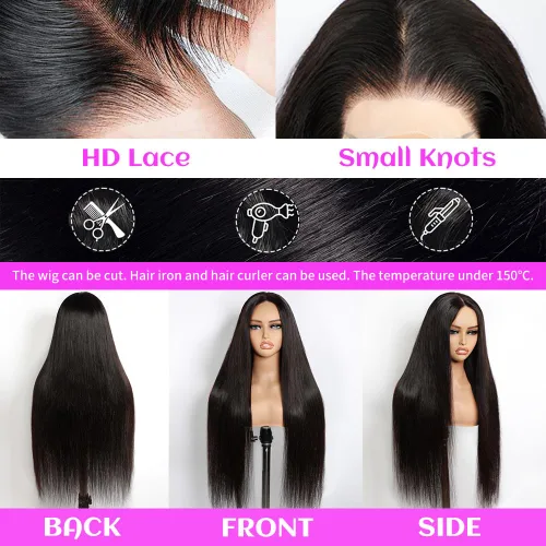 Miniatura 3 de Pelucas de encaje frontal de 13 x 6 pulgadas, pelucas de cabello humano lacio HD de densidad 220, pelucas de cabello humano prearrancado