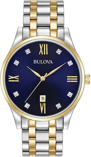 Bulova Reloj clásico de acero inoxidable para hombre con diamantes y fecha de día