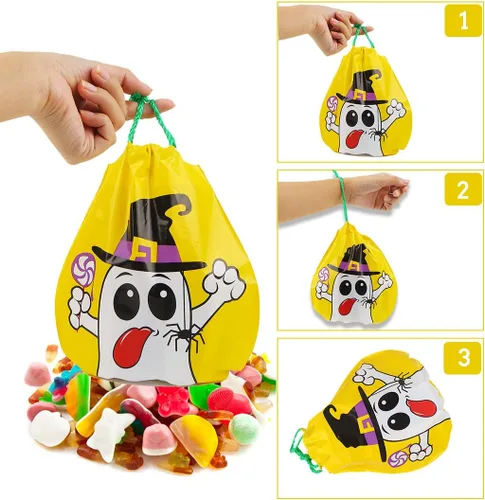 Miniatura 5 de CCINEE 24 bolsas de golosinas con cordón, 12 estilos de bolsas de golosinas de Halloween para niños, suministros de fiesta de truco o trato