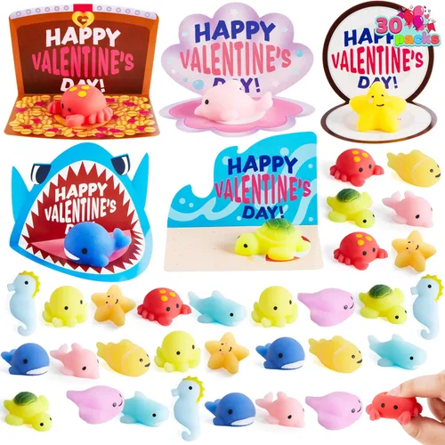 JOYIN Paquete de 30 tarjetas de regalo para el día de San Valentín con juguetes esponjosos Mochi, juguetes antiestrés para aliviar el estrés,