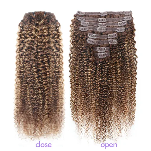 Miniatura 4 de Extensiones de cabello humano real rizado con clip, balayage, color marrón chocolate a rubio caramelo, 8 piezas con 18 clips, 4.23 oz/juego