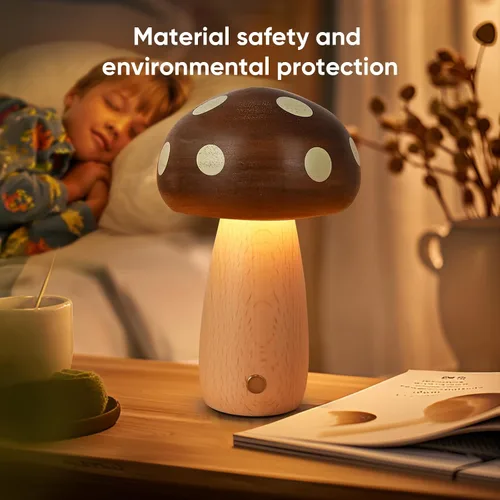 Miniatura 8 de LONRISWAY Paquete de 2 lámparas de mesa LED de madera con forma de hongo, lámparas pequeñas recargables inalámbricas táctiles, luz nocturna