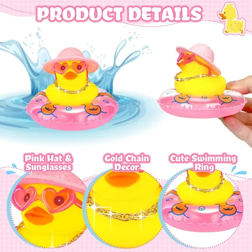 Miniatura 2 de Sotiff Mini patos de goma a granel para niños, lindo juguete de pato amarillo para salpicadero de automóvil, adornos con gafas de sol, anillo