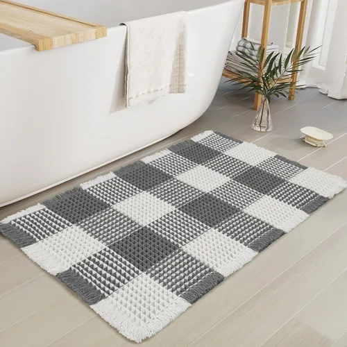 Miniatura 8 de Arenarug Tapete de baño de punto gofre a cuadros, súper absorbente, bohemio, antideslizante, lavable, ultra suave, con borlas, para suelo de baño