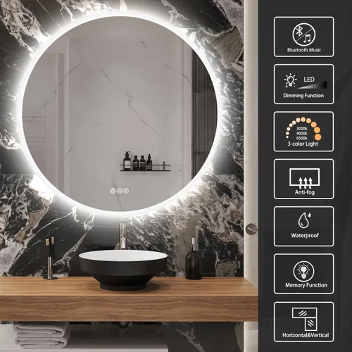 Miniatura 4 de S·BAGNO - Espejo de baño redondo de 32 luces con marco acrílico, espejo de baño LED de tocador montado en la pared, atenuación, cambio