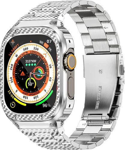 Miniatura 27 de MioHHR Correa y funda de acero inoxidable compatible con Apple Watch Band de 1.614 in, 1.575 in y 1.496 in, cubierta protectora de metal para Negro