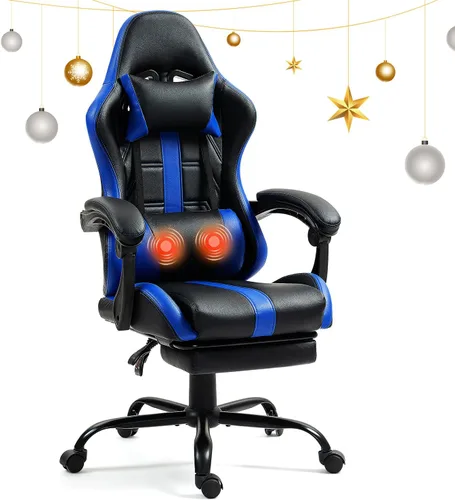 Miniatura 15 de Silla de masaje para juegos con reposapiés, silla ergonómica de PC con respaldo alto con reposacabezas y lumbar, silla giratoria de PU para Negro