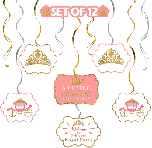 LINGTEER A Little Princess Royal Crown Pink Swirls Streamers – 12 piezas de decoración de fiesta de cumpleaños de princesa para bebé, niña, regalo