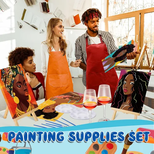 Miniatura 4 de Xtinmee Juego de 12 juegos de pintura y sorbo para adultos, lienzo predibujado, juego de pintura de lienzo para niñas afro predibujadas, kit