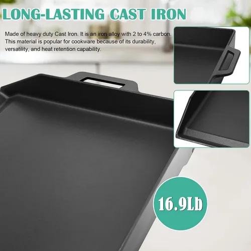 Miniatura 5 de Hiorucet Plancha de hierro fundido de 18 pulgadas, placa superior plana grande para parrillas de gas y horno de cocina, parrilla universal con asas