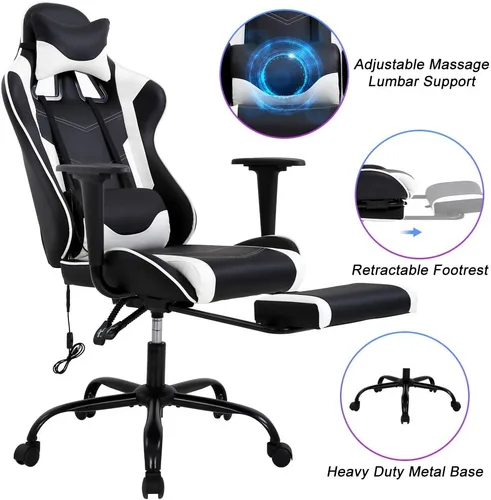 Miniatura 4 de Silla ergonómica para juegos de PC, silla de oficina de carreras, silla de videojuegos, función de masaje, soporte lumbar con reposabrazos Blanco