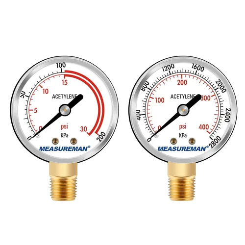 Miniatura 6 de MEASUREMAN Manómetros de baja y alta presión para regulador de acetileno 0-30 psi y 0-400 psi - 2 pulgadas (par) con rosca de 1/4" para reguladores
