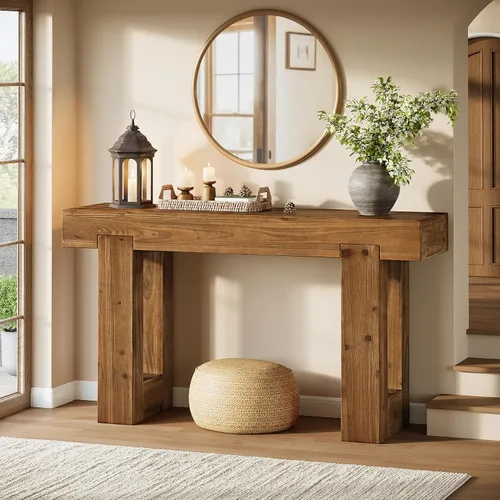 Miniatura 5 de Mesa consola de madera maciza, mesa de sofá de granja de 55 pulgadas detrás del sofá, consola rectangular con doble base para entrada, pasillo, sala