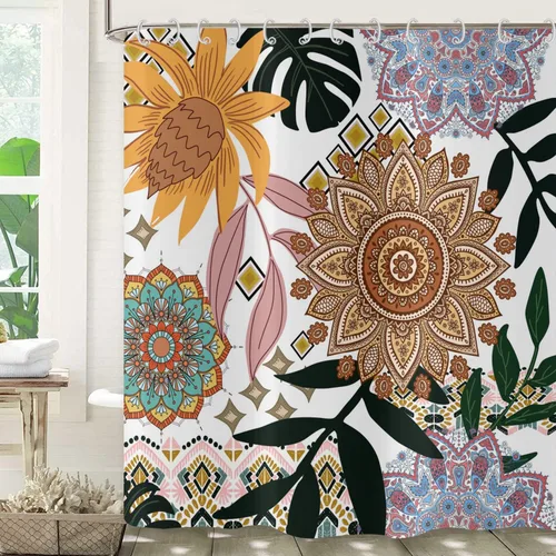 Miniatura 21 de Cortina de ducha bohemia y chic, cortina de baño moderna con hojas tropicales abstractas y ramas botánicas doradas, para decoración del hogar, tela