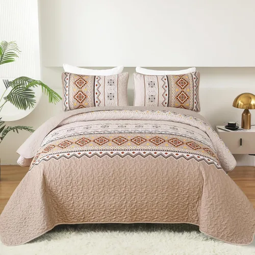 Miniatura 2 de WONGS BEDDING Juego de edredón bohemio de color beige, tamaño Queen, juego de colcha con estampado geométrico con 2 fundas de almohada, juego