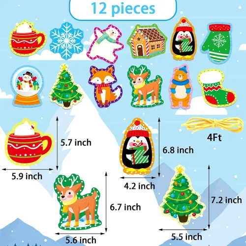 Miniatura 4 de Tarjetas de encaje de animales de invierno, 12 paquetes de kits de costura para niños, tarjetas de costura de cartón de Navidad, juegos de cordones