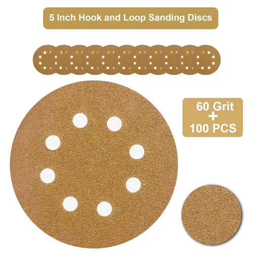 Miniatura 2 de Discos de lijadora orbitales de 5 pulgadas, patrón de 8 agujeros, paquete de 100, papel de lija de gancho y bucle para lijadoras DA, pintura