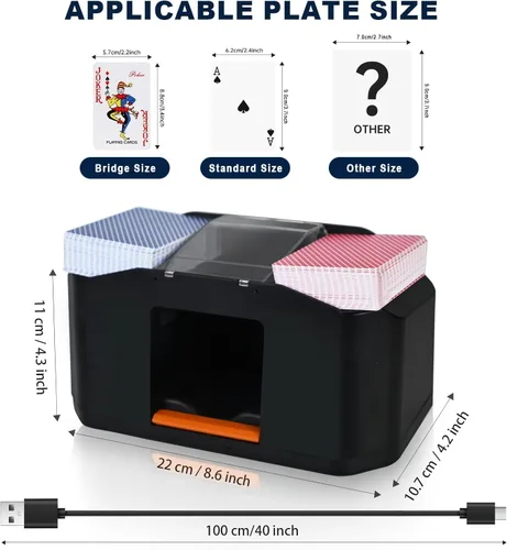 Miniatura 6 de Trasladador de cartas silencioso y recargable de 2 barajas, barajador eléctrico silencioso automático de 2000 mAh, naipes, Texas Hold'em, póker