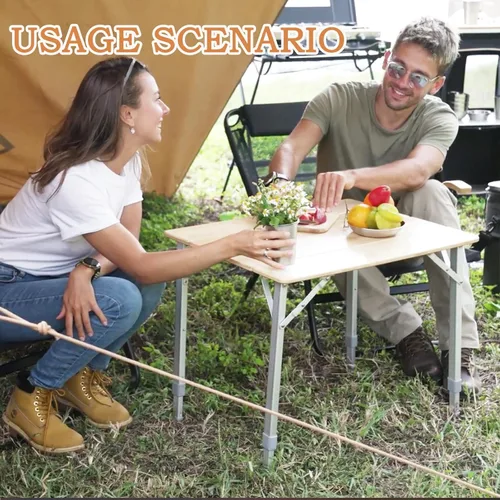 Miniatura 8 de KingCamp Mesa de Bambú Plegable Mesa de Camping Ecológica con Patas de Aluminio de Altura Ajustable Resistente 4 Pliegues Mesas de Campamento