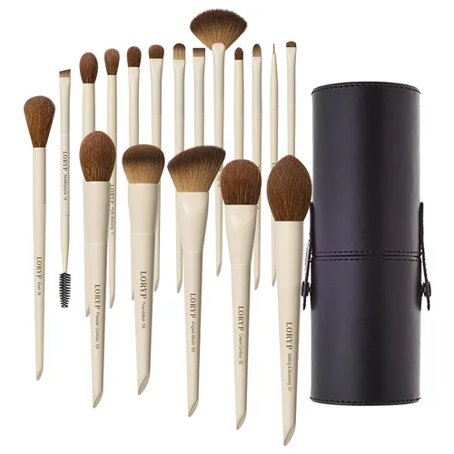 LORYP Juego de 18 brochas de maquillaje etiquetadas para cara y ojos, completo con brochas para base, corrector, contorno, mezcla, colorete, sombra