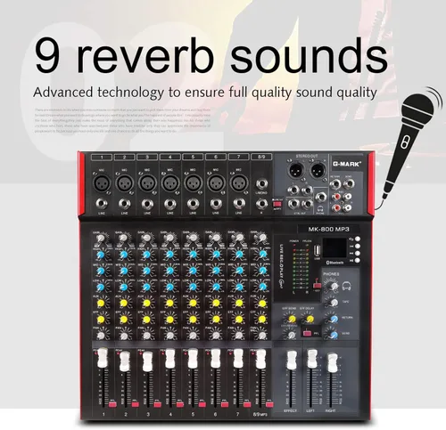 Miniatura 4 de G-MARK MK800MP3 Mezclador de audio profesional Placa de sonido 8 canales Consola de mezcla con reproductor de MP3+48V Phantom Power Digital USB