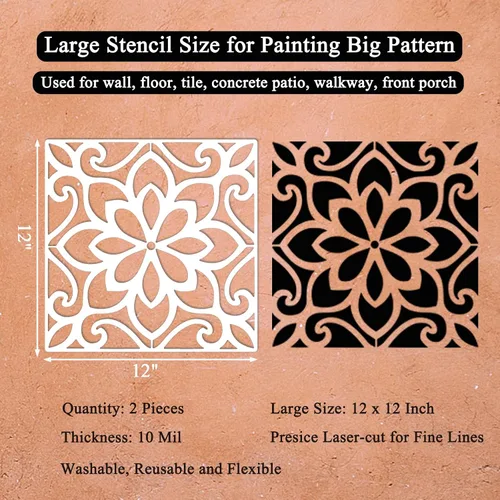 Miniatura 2 de Plantillas grandes para azulejos de piso, 2 plantillas de pared mexicanas reutilizables de 12 x 12 pulgadas para pintar pisos, paredes, azulejos
