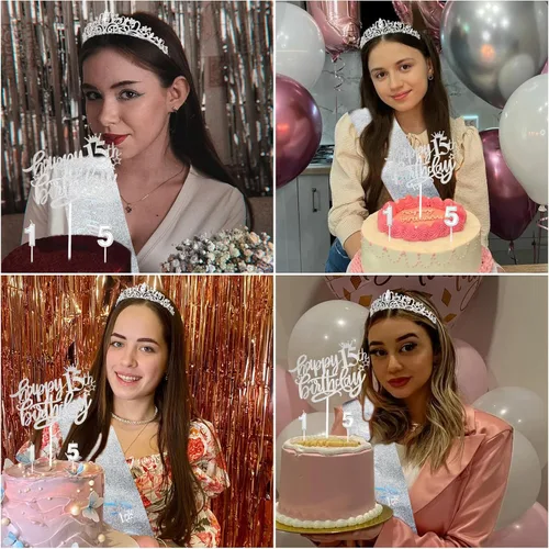 Miniatura 6 de Decoraciones de cumpleaños número 15 para niñas, incluyendo tiara de corona de diamantes de imitación, banda con purpurina, adorno para pastel